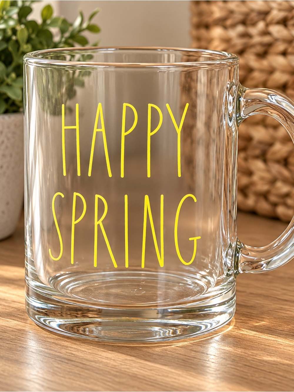 Rae Dunn Clear Glass Mug with Yellow "HAPPY SPRING" Lettering